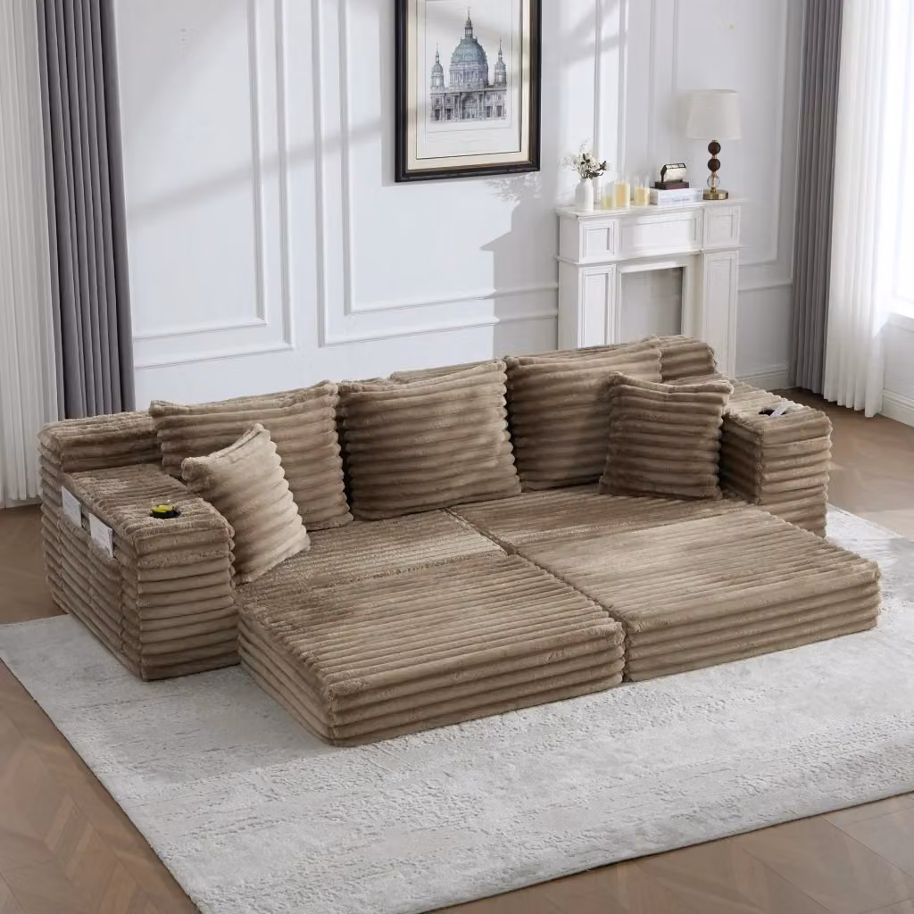 Divano letto modulare MIVRAY in velluto a righe verde e beige con funzione notte e portabevande integrati – 2