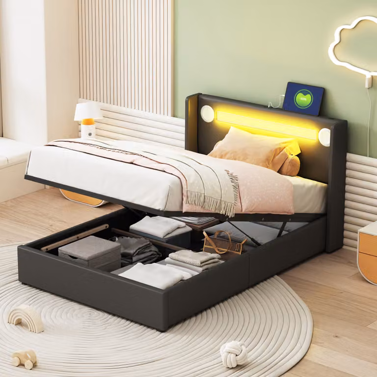 MODFU Letto imbottito con sistema di sollevamento idraulico, dimensioni 90 x 200 cm, dotato di illuminazione LED, lettore Bluetooth e porta USB. Letto con contenitore e box portaoggetti, rivestito in ecopelle nera (senza materasso)