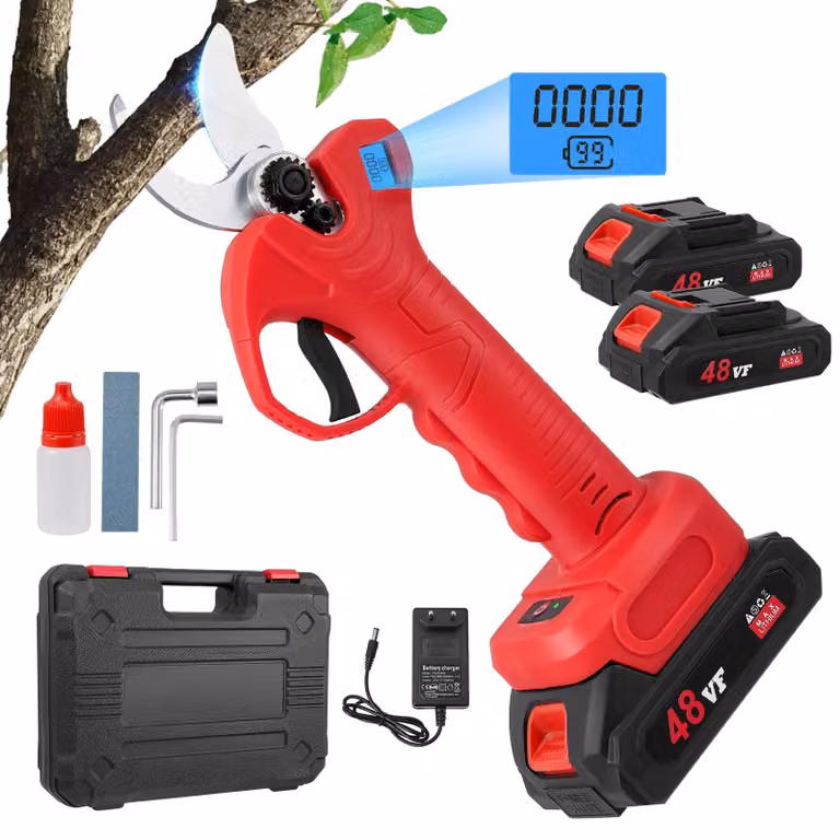 Forbice elettrica da giardino - Forbice da potatura a batteria - Spessore massimo di taglio: 30 mm - Motore brushless - Display LCD - 2 batterie da 2000 mAh - Funzione di taglio regolabile - Colore: rosso