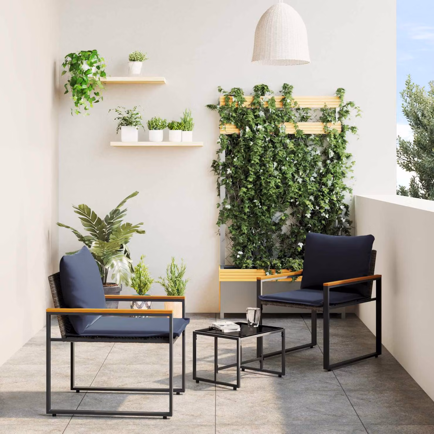 Set di mobili da giardino vidaXL in rattan e legno di acacia con piano in vetro, 3 pezzi, Grigio e Blu – 1