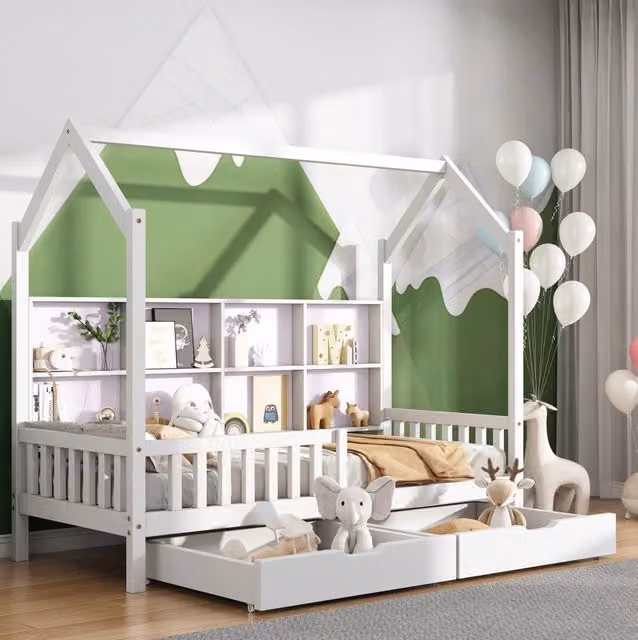 Letto per bambini a casetta 90x200 cm con scaffale e 2 cassetti in legno massello di pino bianco