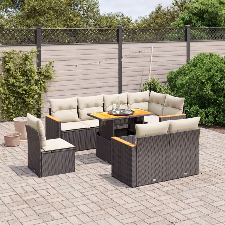 Set di Divani da Giardino a Forma di L vidaXL in Polyrattan Nero con Cuscini e Tavolino da Esterno