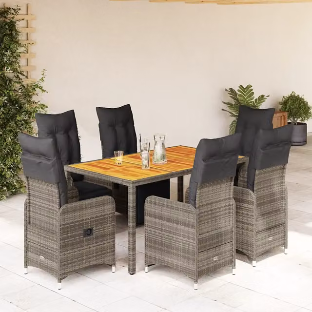 Set Bistrò da Giardino vidaXL in Polyrattan Grigio con Tavolo in Legno di Acacia 7 pz – 1