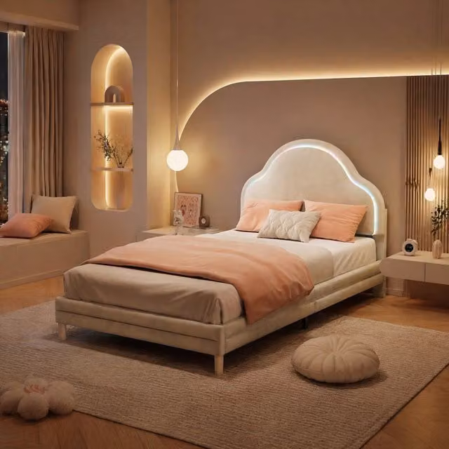 Letto singolo imbottito con testiera a forma di nuvola, LED multicolore cambiante, velluto beige, 90x200 cm