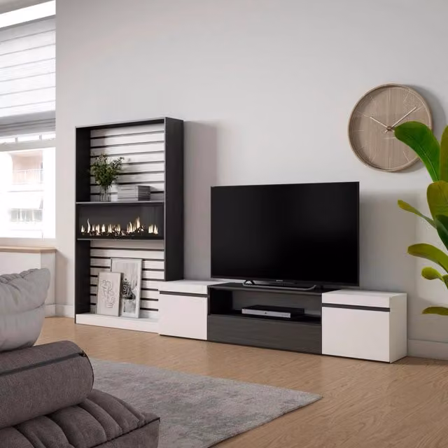 Mobile TV per soggiorno SKRAUT HOME con camino elettrico, Bianco e nero, L/P/H: 310 x 35 x 186 cm