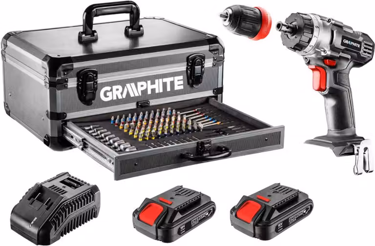 Kit GRAPHITE Energy+ in valigetta di alluminio: 2x18V/2.0Ah trapano/avvitatore, 10 mm, impugnatura rimovibile + 10