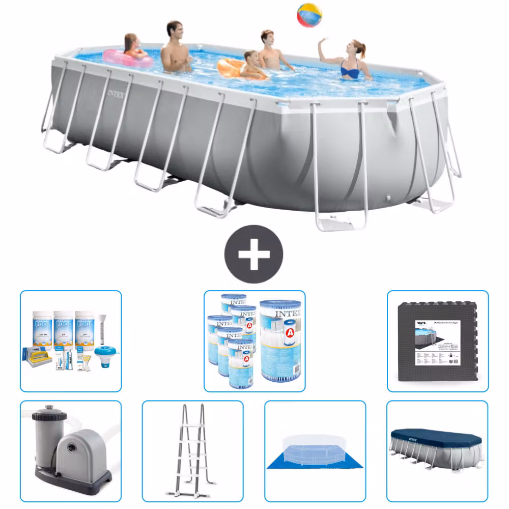 Piscina Intex Oval Prism Frame - 610 x 305 x 122 cm - Grigio - inclusa pompa - scaletta - telo di fondo - pacchetto di manutenzione della copertura - filtro - piastrelle per il pavimento