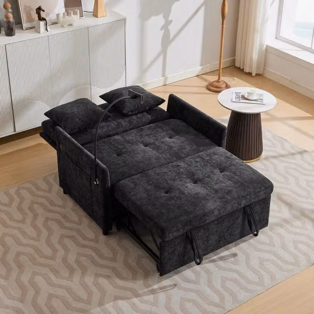 Divano letto singolo pieghevole con porta USB e supporto tablet; tessuto effetto lino; nero