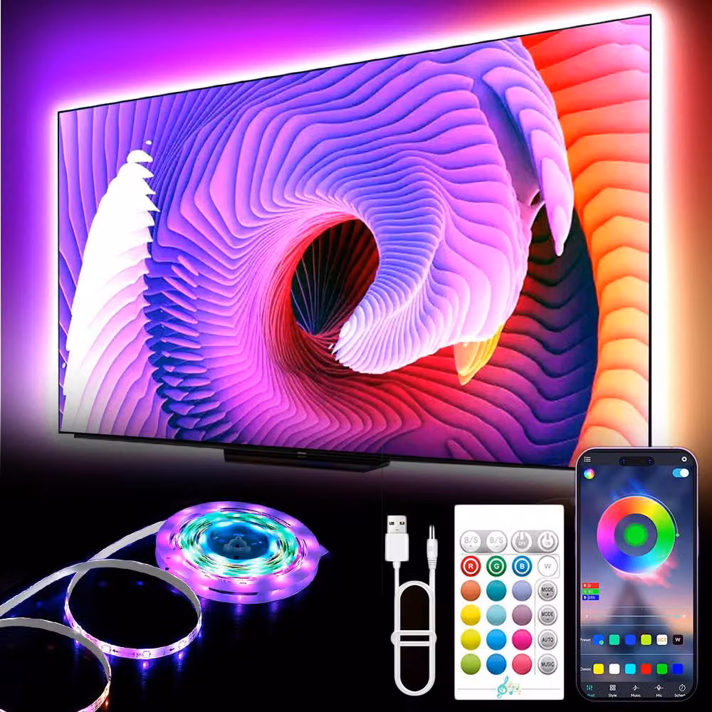 retroilluminazione LED da 5 m per TV, striscia LED RGB con telecomando, sincronizzazione musicale, controllo app Bluetooth, alimentazione USB, per camera da letto