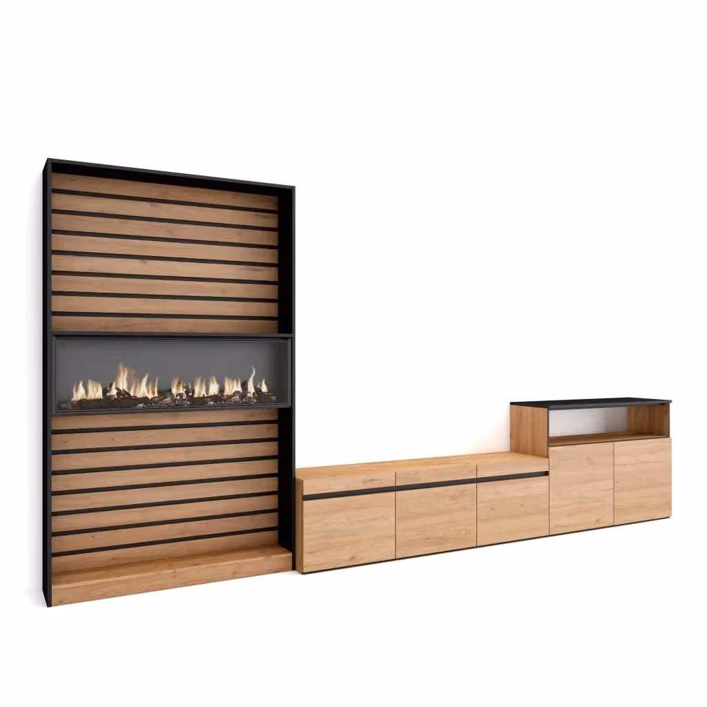 Mobile TV da soggiorno Skraut Home con camino elettrico e illuminazione integrata, Rovere e Nero, L: 360 cm, P: 35 cm, H: 186 cm – 2