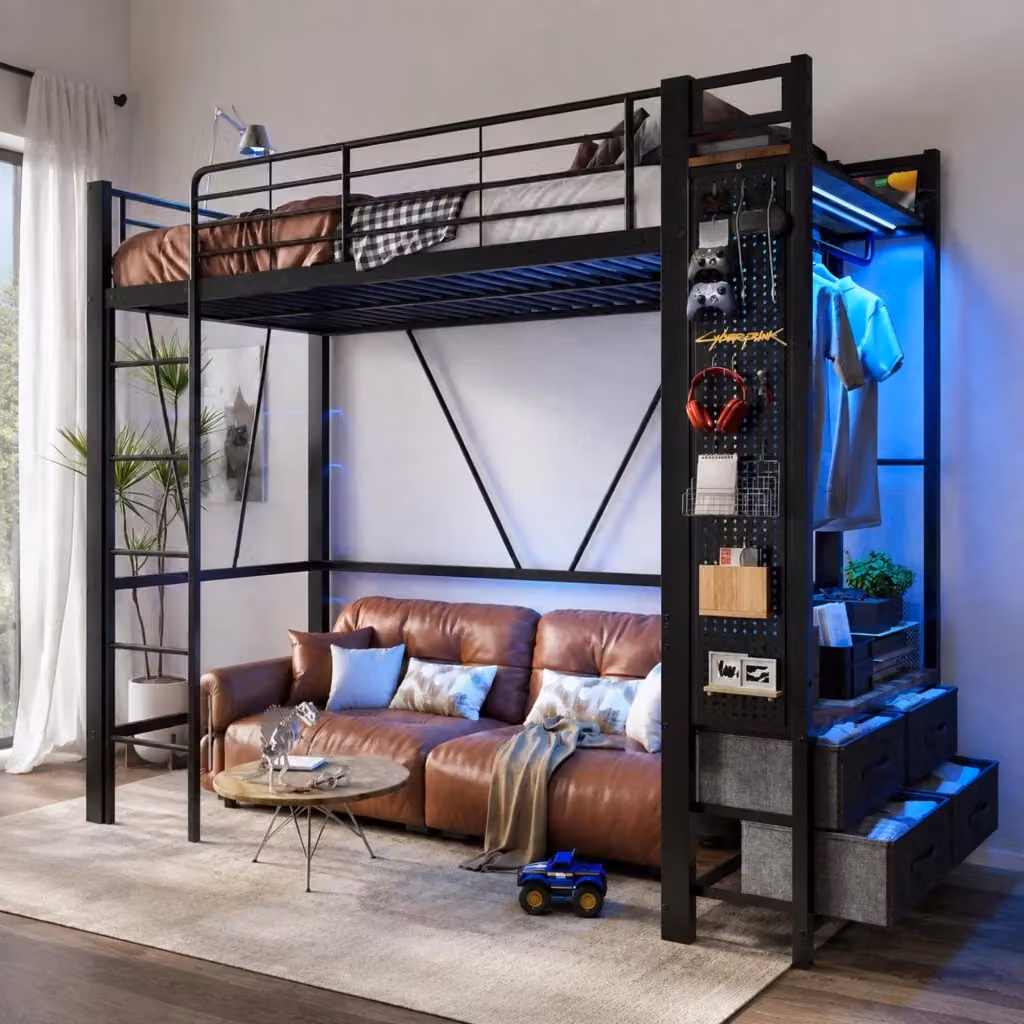 Letto a soppalco singolo REDOM in metallo e MDF nero con 4 cassetti, illuminazione LED e porte di ricarica USB e Type-C, L/P/H: 90 x 200 x 180 cm – 2