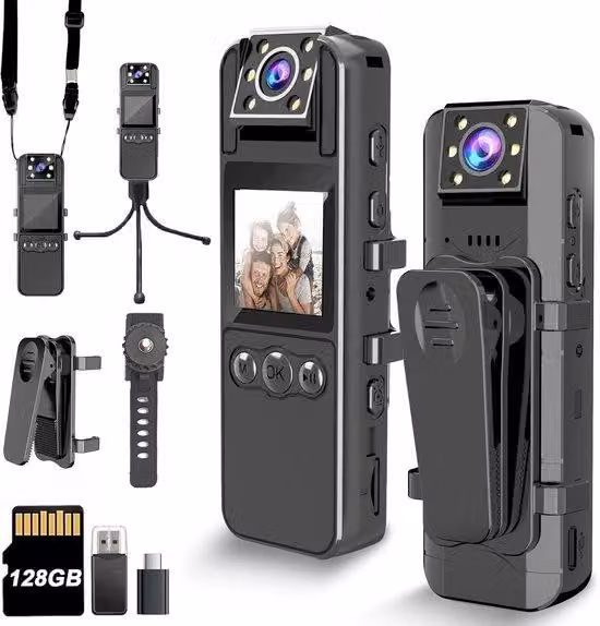 Telecamera indossabile 4K – 128GB – Obiettivo rotante a 180° – Batteria da 6 ore e visione notturna – Ideale per la sicurezza e l'uso quotidiano