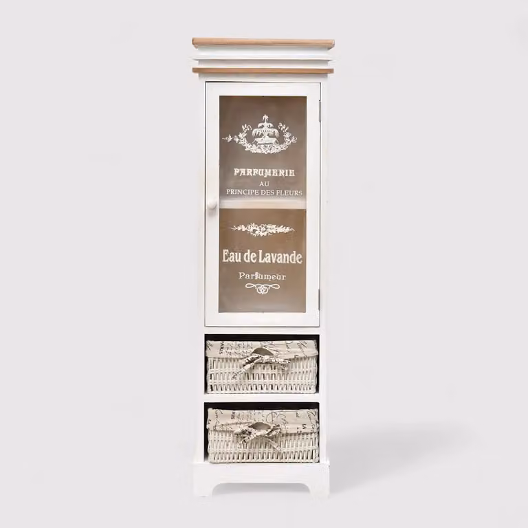 Lavanda - Vetrinetta shabby decorata con scritte con 1 anta e 2 cestini