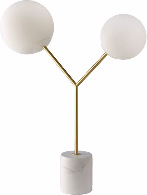 Lampada da tavolo in marmo bianco, acciaio dorato e vetro bianco