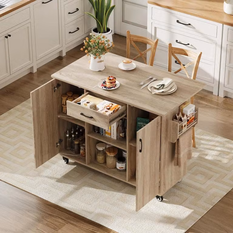 Isola mobile per cucina su ruote - 120 cm - Piano di lavoro pieghevole - Cassetto - Mobile - MDF - Finitura naturale
