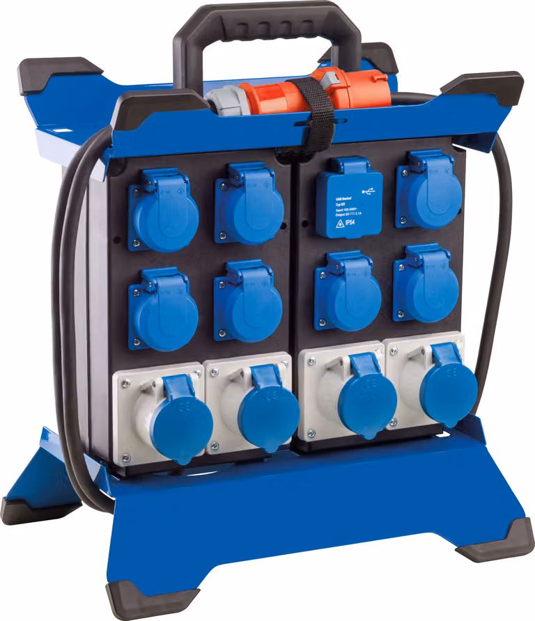 as-Schwabe Distributore di corrente portatile CEE 400 V 16 A con 7 prese Schuko e 4 prese CEE, IP44