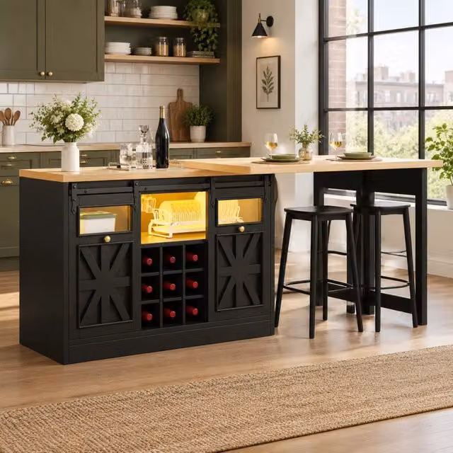 Tavolo da pranzo allungabile con credenza, ripiani regolabili e piani girevoli, per cucina e sala da pranzo, nero