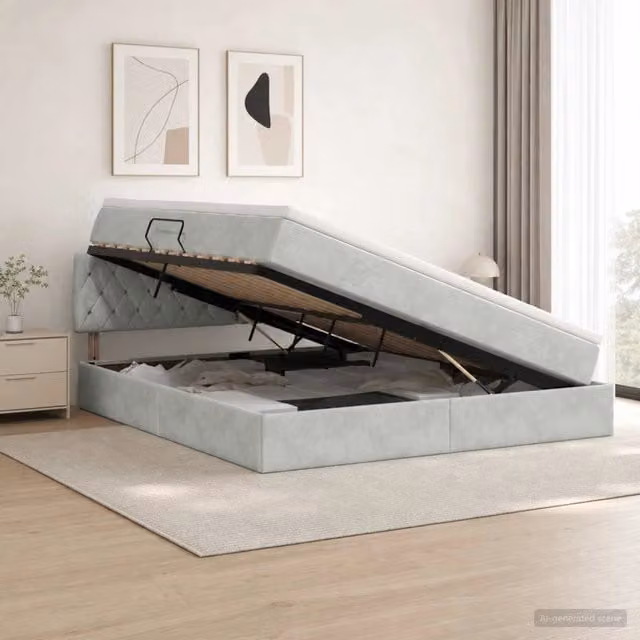 Letto con contenitore e illuminazione LED vidaXL in tessuto grigio con materasso, L/P/H: 160 x 200 x 204 cm