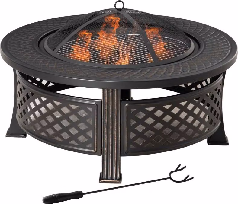 Fortuna Lai Braciere con attizzatoio Protezione antiscintille Cesto per il fuoco Tavolo per il fuoco rotondo Focolare per giardino Camping BBQ Acciaio Nero 81 x 81 x 50 cm