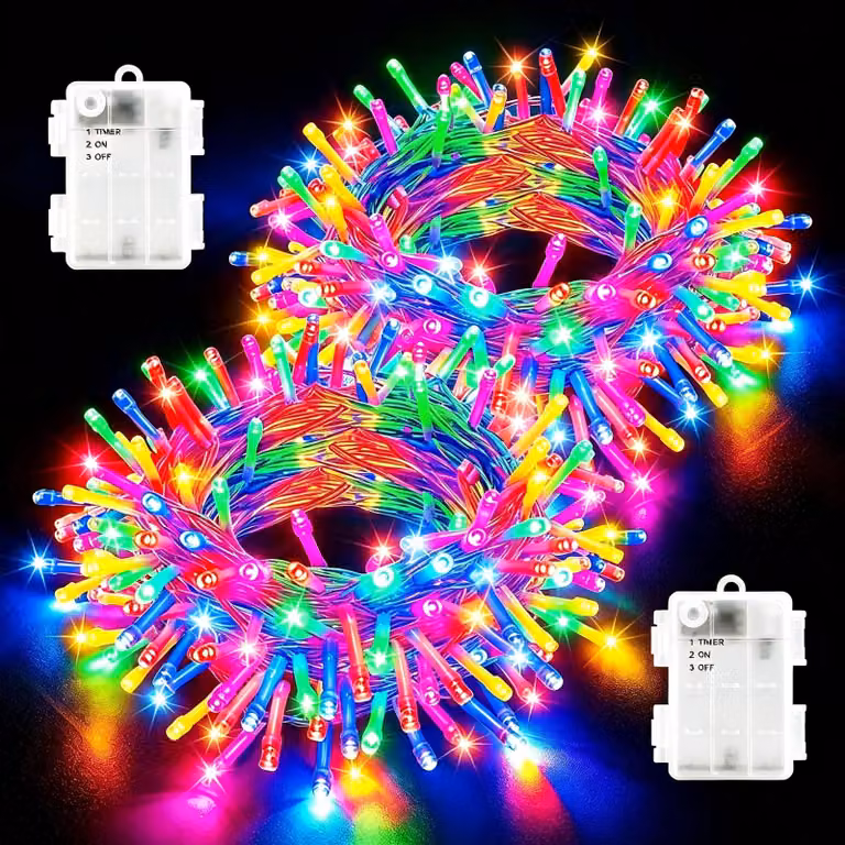 Set di 2 catene luminose, lunghezza 10 metri, 100 LED, multicolore, alimentazione a batteria, grado di protezione IP65