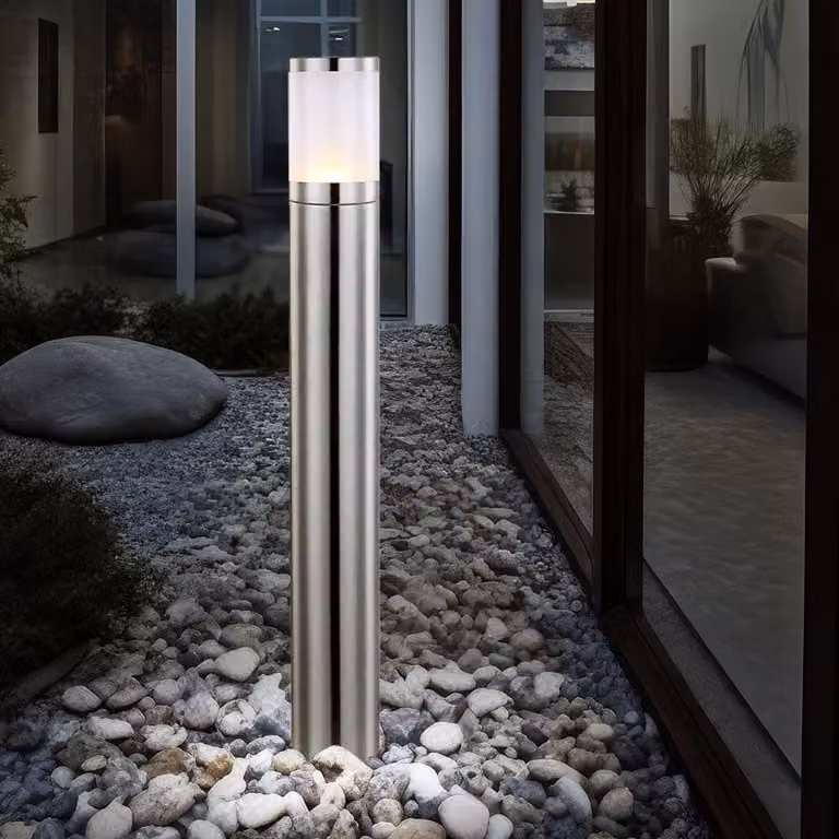 Lampada da terra, acciaio inossidabile argentato, plastica opale, altezza 80 cm