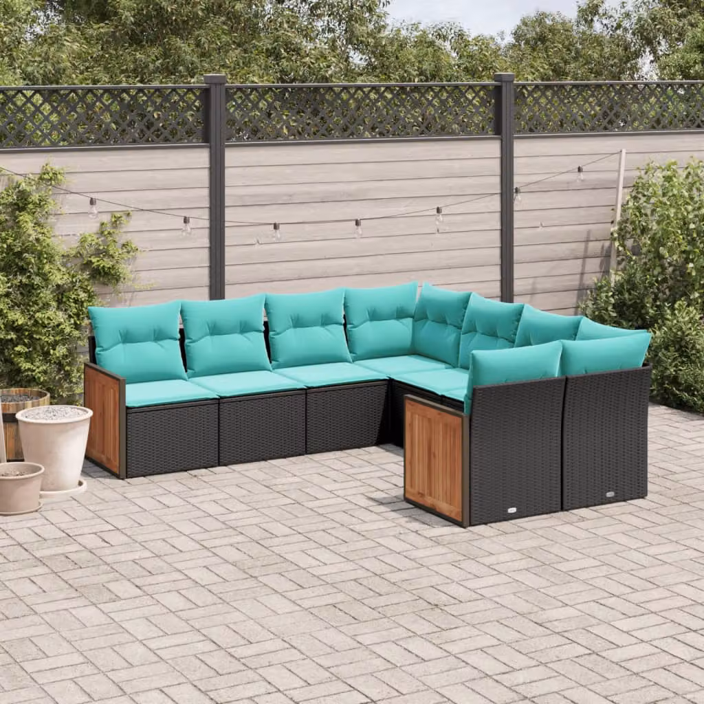 Set di divani da giardino vidaXL a forma di L composto da 8 pezzi in polyrattan con cuscini imbottiti e coperture rimovibili, colore nero e blu turchese