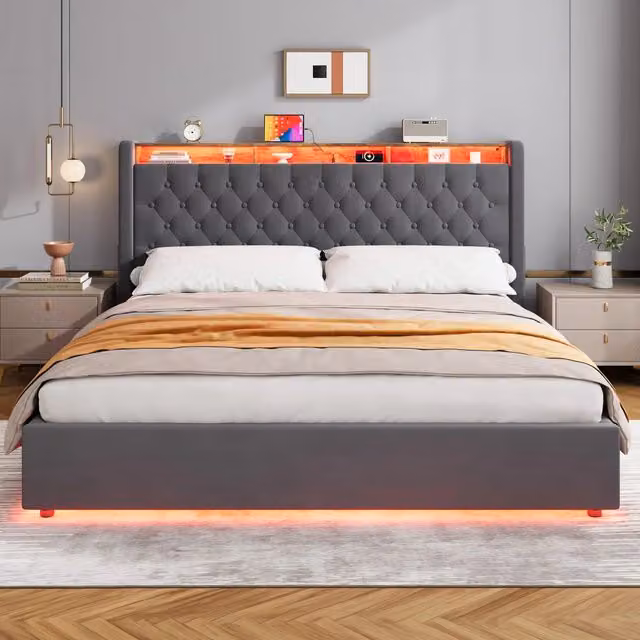 Letto matrimoniale imbottito in velluto grigio scuro con contenitore e testiera portaoggetti 180x200 cm
