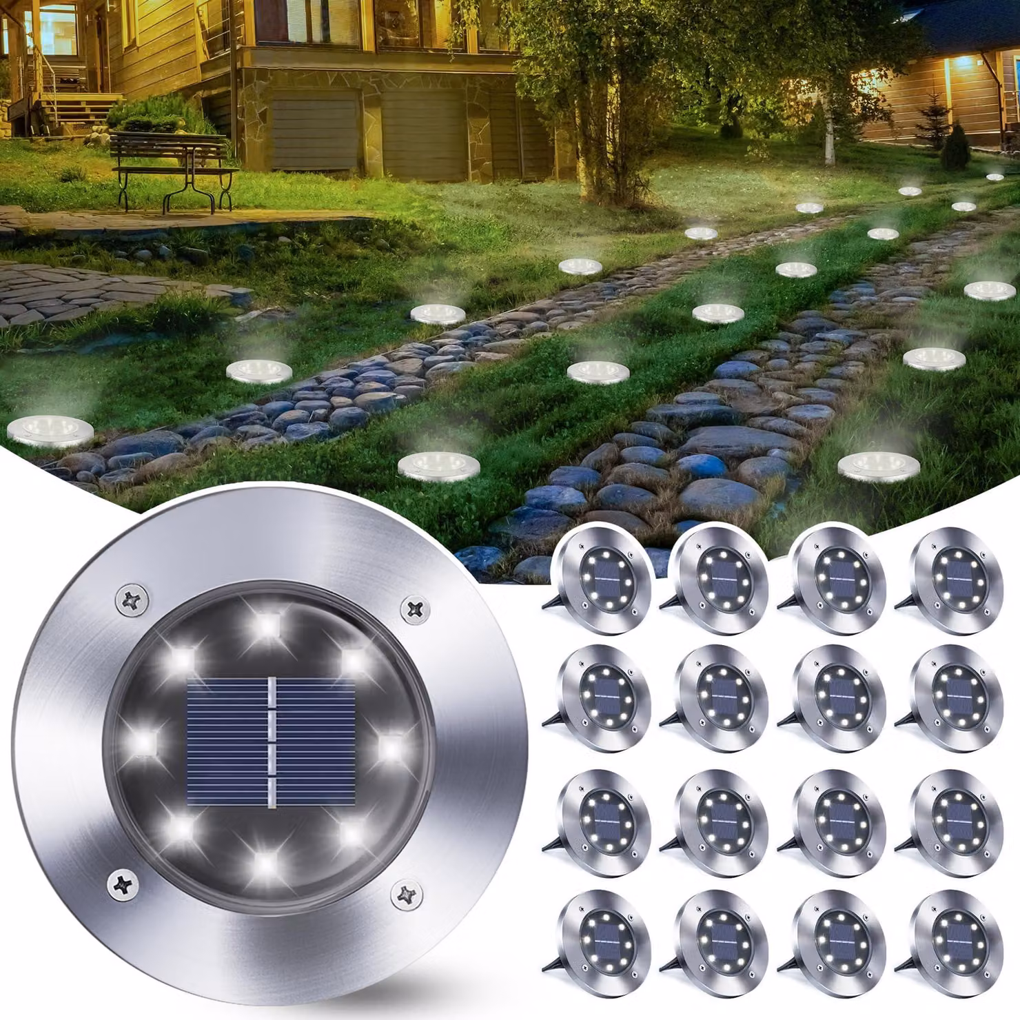 Luci da giardino solari, confezione da 16 pezzi, con 8 LED ciascuna, colore bianco, impermeabili, per uso esterno