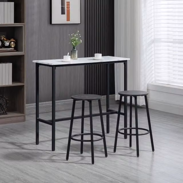 Set bar ULEVR 3 pezzi con tavolo 100x40x90 cm e 2 sgabelli con poggiapiedi, acciaio bianco effetto marmo