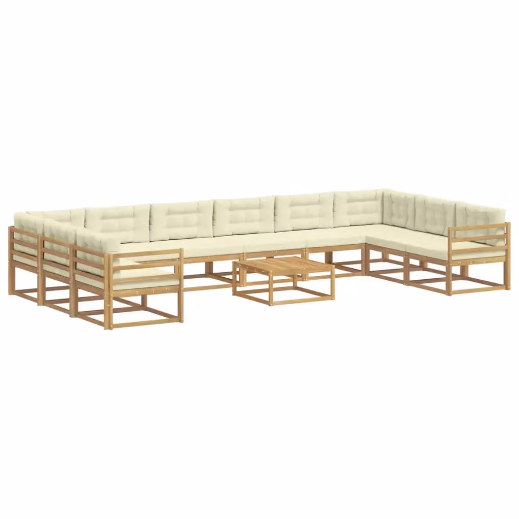 Set di divani da esterno a forma di U vidaXL in legno di acacia con tavolo da caffè e cuscini, Bianco e Beige – 2