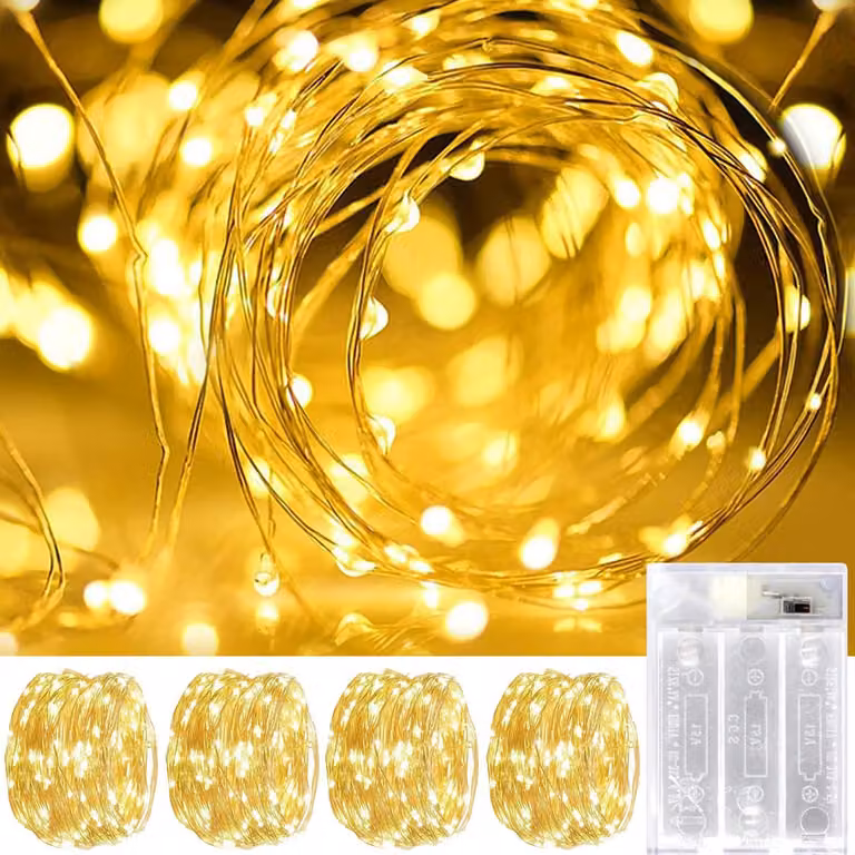 Catena luminosa, confezione da 4, lunghezza 5 metri, 50 LED, luce bianca calda, alimentazione a batteria