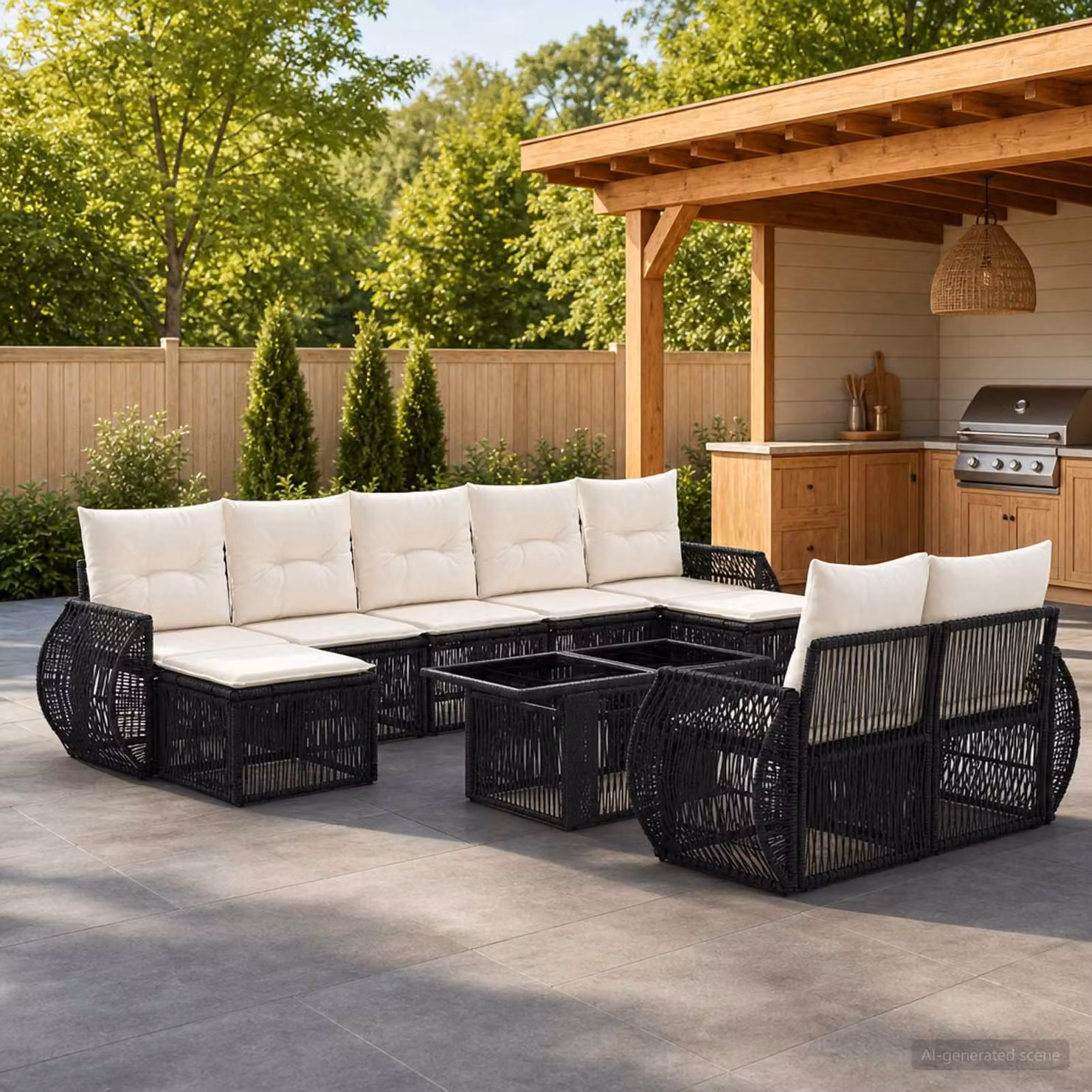 Set Divano da Giardino vidaXL 10 Pezzi in Polyrattan con Cuscini, Colore Nero e Bianco Crema