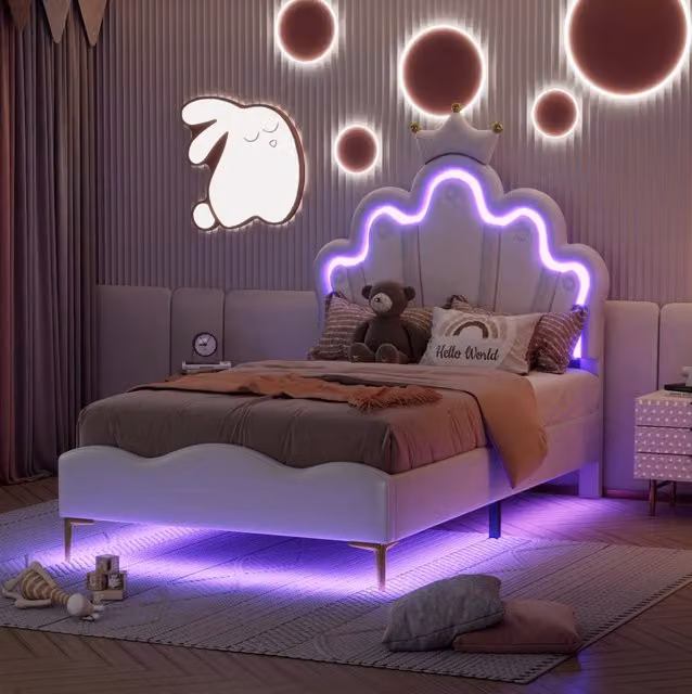 Letto singolo 90 x 200 cm con testiera a corona; LED regolabili; similpelle PU bianca