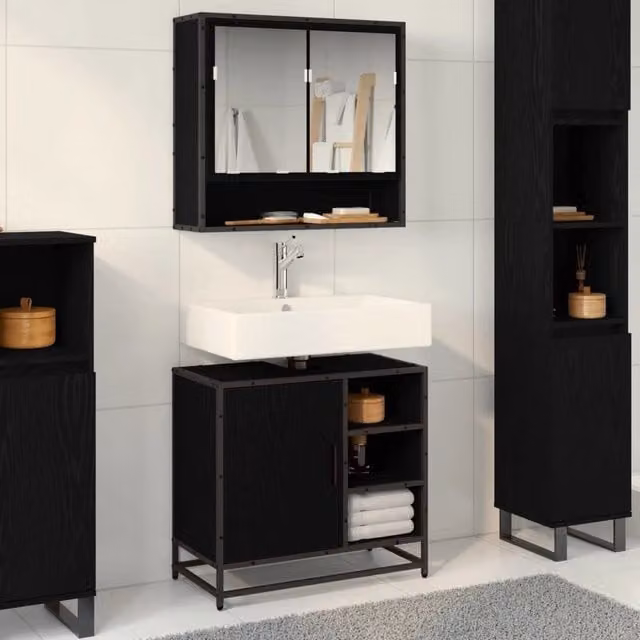 Set di mobili per il bagno moderno vidaXL composto da mobile sottolavabo e armadietto a specchio nero lucido