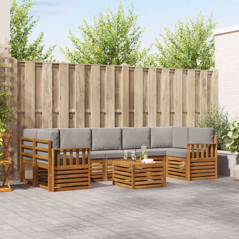 Set di divani da esterno vidaXL a forma di L in legno di acacia con tavolo da caffè e cuscini, 8 pezzi, Grigio