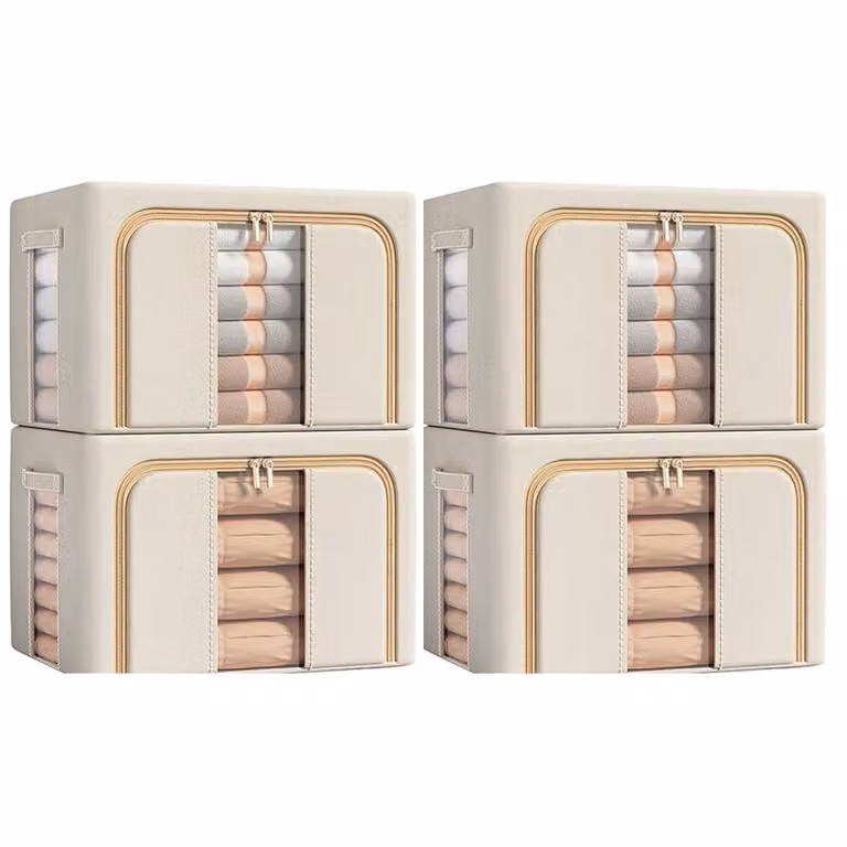 set di 4 scatole portaoggetti in tessuto Oxford, impermeabile, pieghevole, 100L, scomparti, per vestiti e guardaroba, con due finestre di visualizzazione, beige