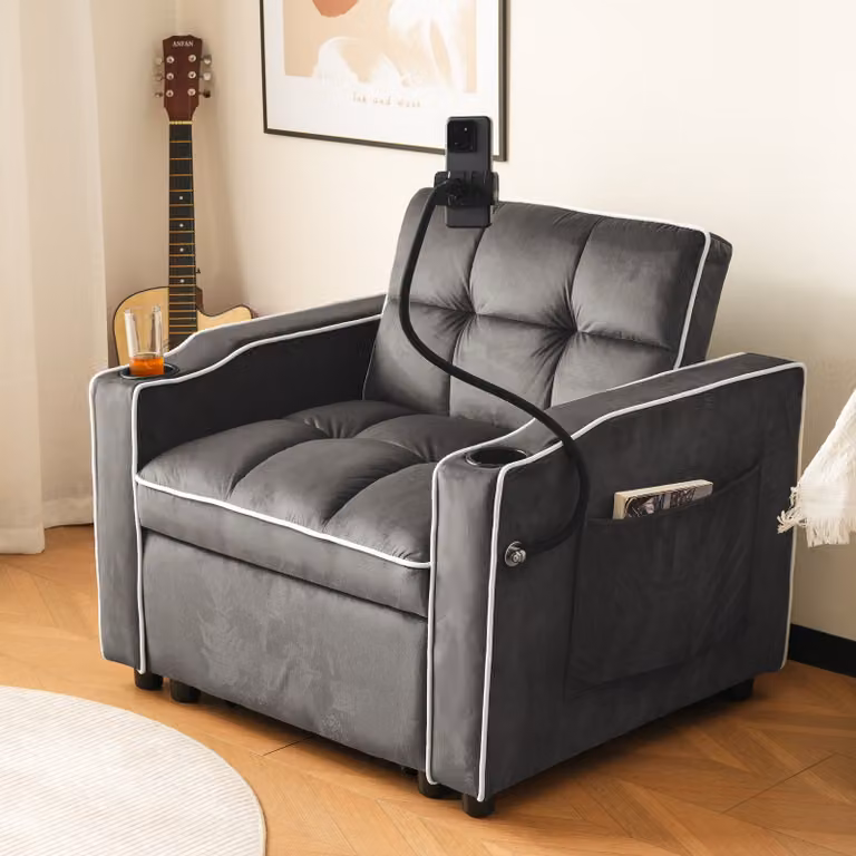 MODFU Divano letto 3 in 1 con portabicchieri e portacellulare, divano letto singolo estensibile Divano reclinabile con funzione letto, poltrona letto, poltrona, perfetto per stanze piccole, grigio scuro