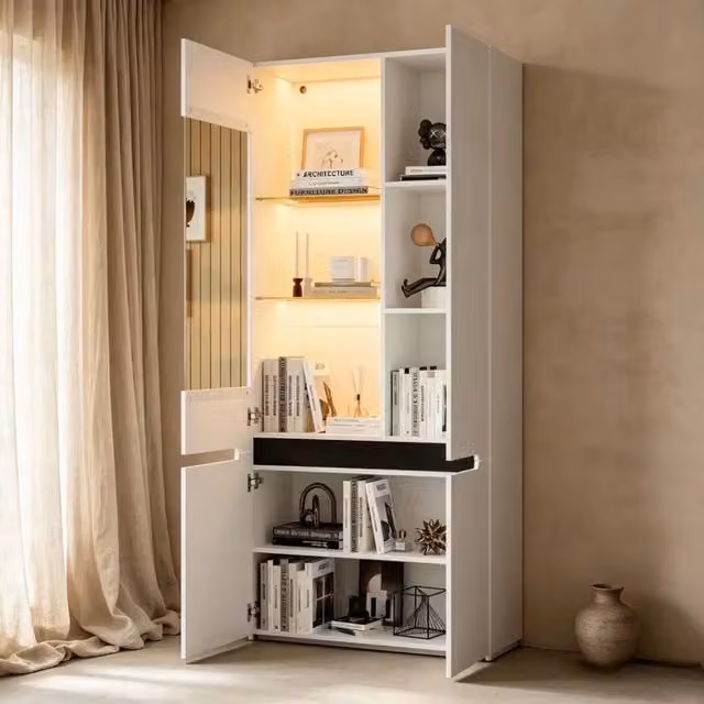 Vetrina Soggiorno Bianca con LED 80x35x180 cm; Mobile Vetrina 4 Ante in MDF e Vetro Temperato; Finitura Lucida