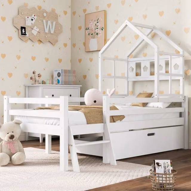 Letto a soppalco per bambini 90 × 200 cm con scala, cassetto e barriera, senza materasso, bianco