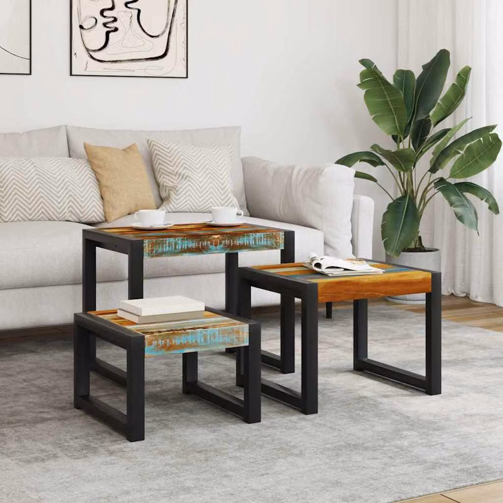 Set di 3 tavolini ad incastro vidaXL in legno massello multicolore stile retro per soggiorno