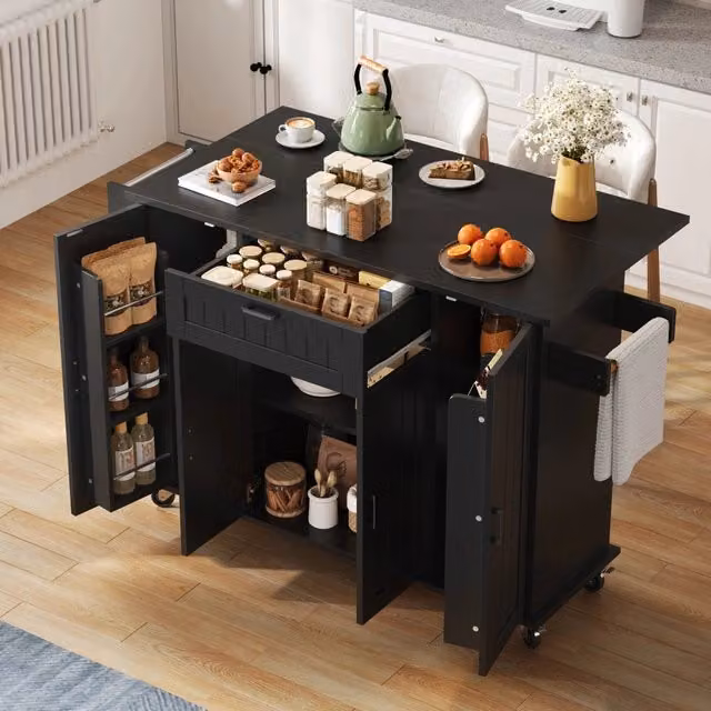 Carrello da cucina con 4 ante 1 cassetto piano ribaltabile ripiani e portasciugamani per cucina e soggiorno nero