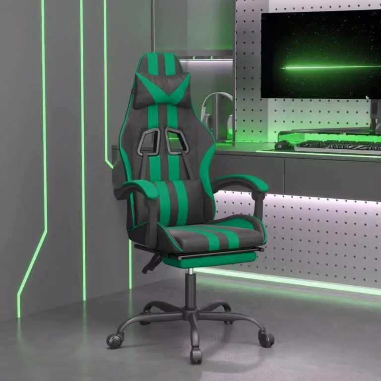 The Living Store Sedia da gioco con poggiapiedi girevole in ecopelle nera e verde