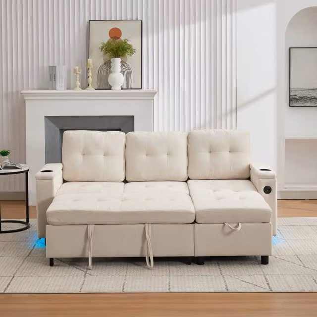 Divano Letto Pieghevole REDOM Beige con Contenitore e LED L: 208 cm, P: 146 cm, H: 89,5 cm