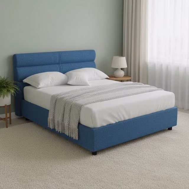 Letto Matrimoniale Brienno DMORA con Contenitore a Alzata, Rivestimento in Tessuto Sfoderabile, Blu e Nero, L/P/H: 160 x 190 x 126 cm