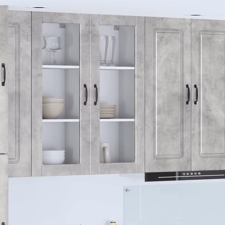 Mobile da parete vidaXL PORTO in legno e vetro, Grigio cemento, L 40 x P 31 x H 100 cm
