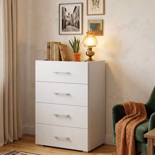 Cassettiera DMORA Settimanale a 4 cassetti per camera da letto o ufficio, Bianco e Grigio, L: 50 cm, P: 41 cm, H: 87 cm
