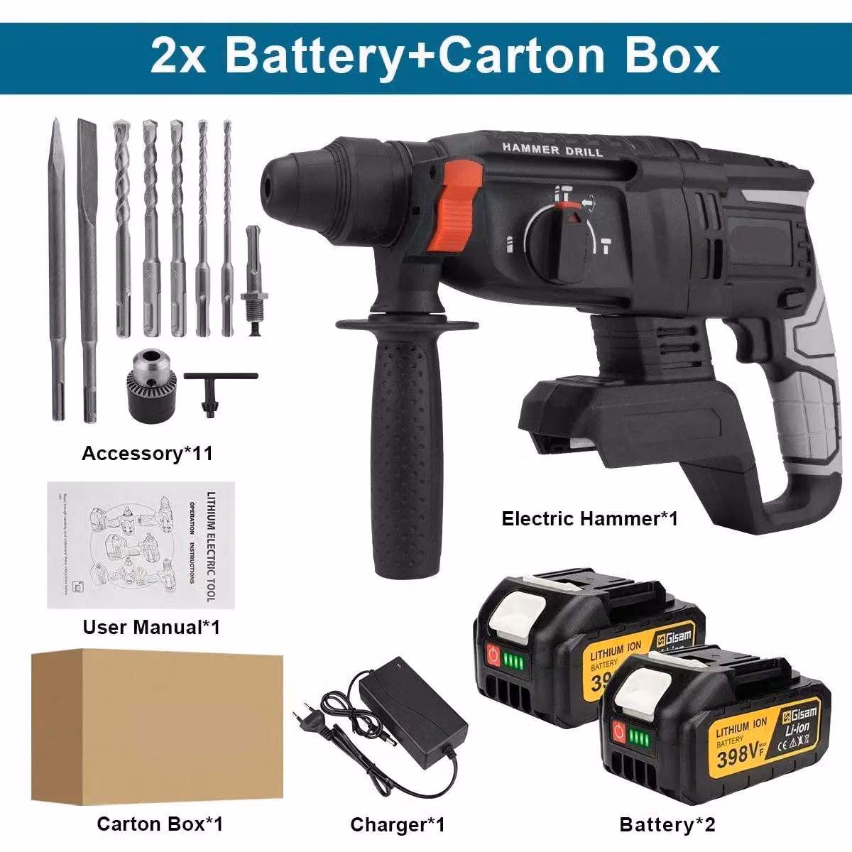 Boorhamer da 26 mm – Trapano avvitatore a batteria brushless – Multifunzione 3-in-1 con 2 batterie