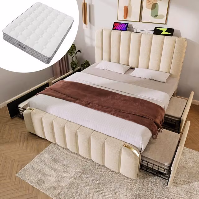letto imbottito lino beige 180 x 200 cm