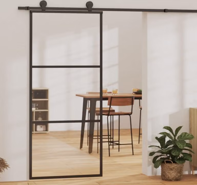 The Living Store Porta scorrevole ESG in vetro e alluminio 90x205 cm Nero