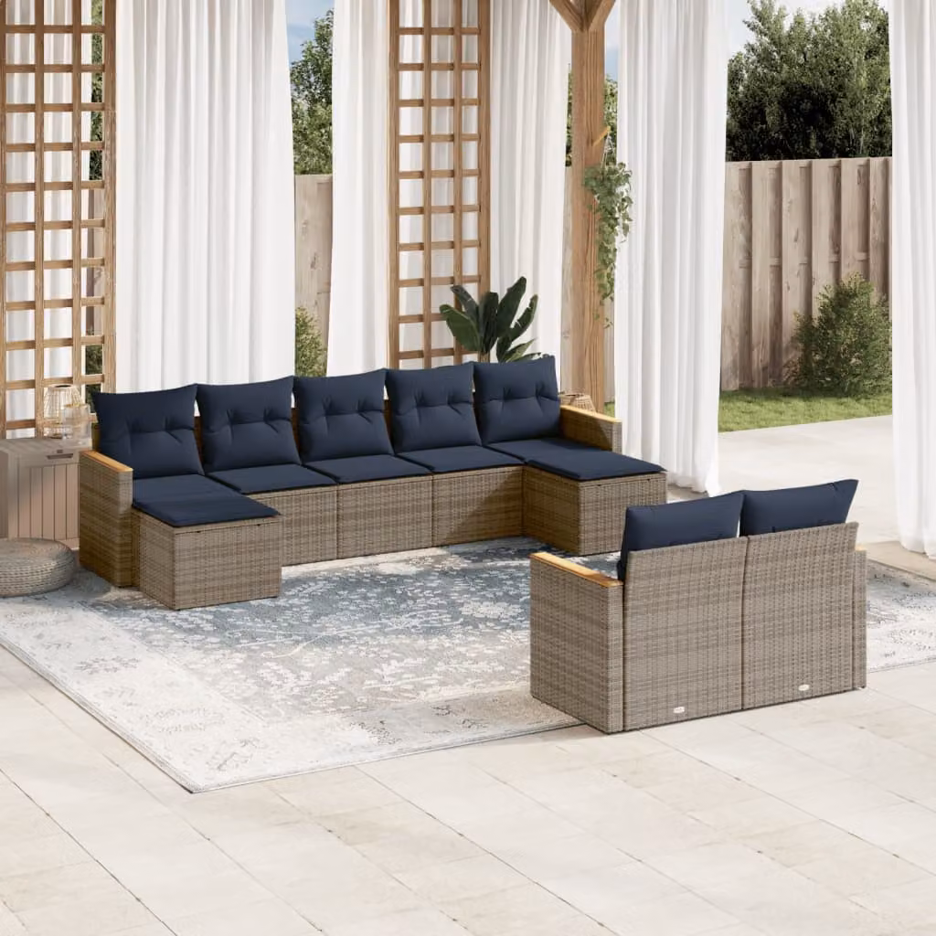 Set di divani da giardino vidaXL a forma di U composto da 9 pezzi con cuscini grigi e blu in rattan e struttura in metallo resistente ai raggi UV